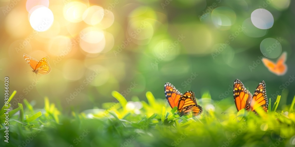 A group of butterflies gracefully fluttering over a vibrant green field in a lively display of natural beauty A group of butterflies gracefully fluttering over a vibrant green field in a lively display of natural beauty