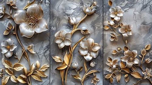 Luxurious 3-panel wall art, marble background with golden and silver floral designs, close-up showcasing detailed craftsmanship