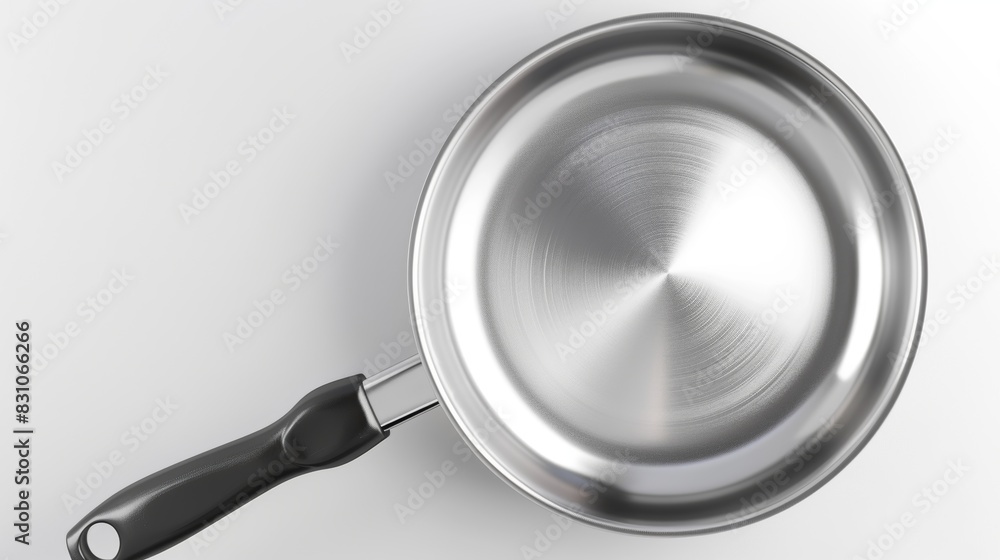 A black-handled frying pan sits on a clean white surface A black-handled frying pan sits on a clean white surface