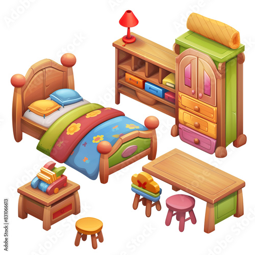 ColorfulKids Bedroom Set With Furniture for Playtime and Storage, Isolated on a White Background, Graphic Resource photo