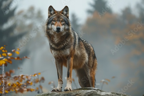 Illustration of  wolf standing on a large rock near foggy tree tops
