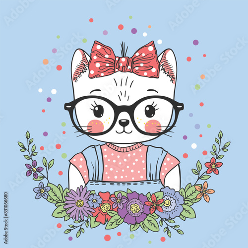 Cute cat girl with glasses, floral wreath, kitten face