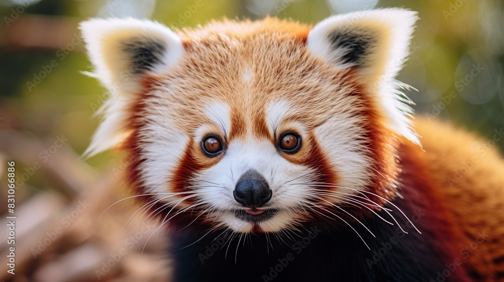 Close-up of a Red Panda with cute facial expression and bright eyes in a natural habitat with colorful background and soft lighting. Close-up of a Red Panda with cute facial expression and bright eyes in a natural habitat with colorful background and soft lighting.