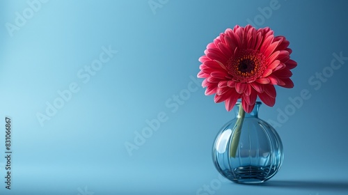 Elegant red gerbera flower in a crystal blue vase, isolated background, studio lighting, capturing every detail and hue