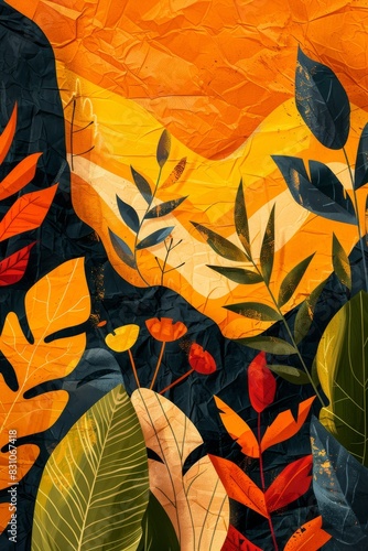 A painting featuring various leaves depicted on a bright yellow background  showcasing the intricate details and shapes of the foliage