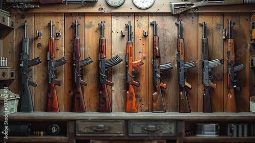 Collection of rifles and carbines on the wall photo-r 