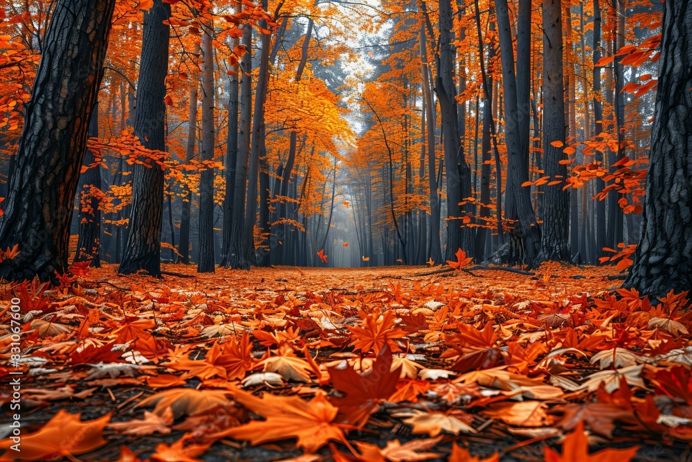 Featuring a  fall in autumn ground background with leaves and trees