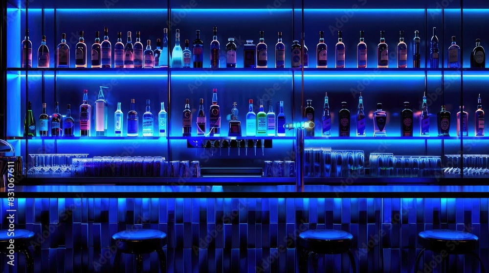 Glowing blue shelves with bottles at the bar Glowing blue shelves with bottles at the bar