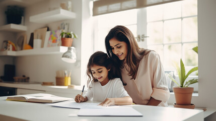 young indian mother and daughter doing homework together