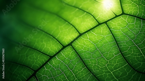 Close-up of a vibrant green leaf with intricate vein patterns, illuminated by sunlight, showcasing nature's beauty and detailed texture. photo