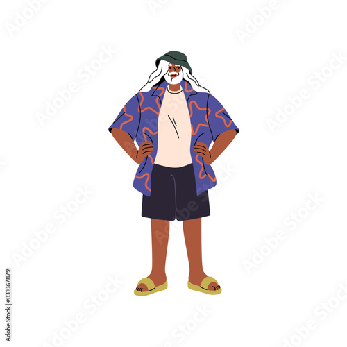 Modern senior wearing hawaiian shirt, panama hat, flip flops. Happy fashion old man standing with hands on hips. Aged person in summer outfit. Flat isolated vector illustration on white background