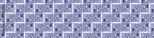 Decorative Indigo blue Japanese block print border pattern. Seamless dye effect vector design for fabric batik background edging banner. 
