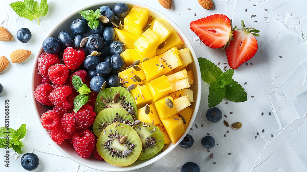 Healthy Fresh Fruit Salad in White Bowl with Kiwi Raspberries Blueberries Mango on Light Background Healthy Fresh Fruit Salad in White Bowl with Kiwi Raspberries Blueberries Mango on Light Background