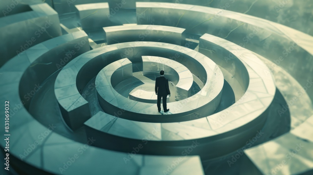 Male businessman standing in an abstract maze created 3D illustration Male businessman standing in an abstract maze created 3D illustration