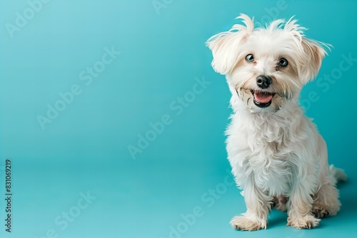 White fluffy dog smiling on a blue background shotgun obpfm photo