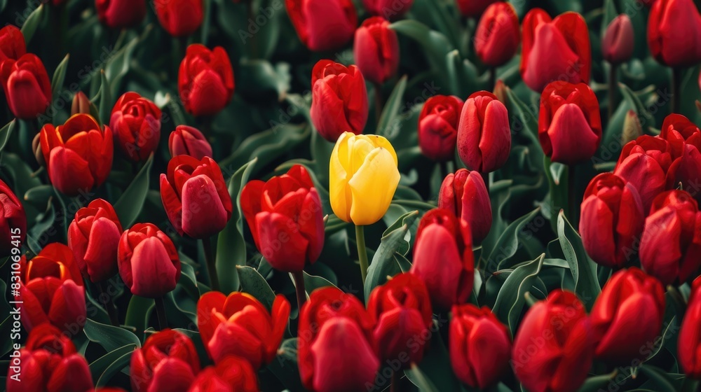 Embracing Diversity: Stand Out Yellow Tulip Among Red Tulips in Spring Garden. The Beauty of Uniqueness and Inclusivity.
