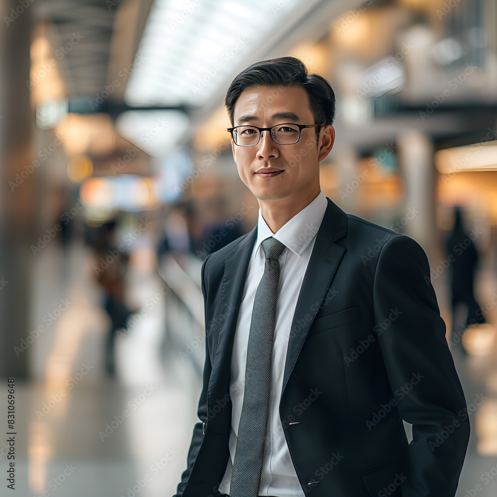 A confident Asian businessman is standing in a modern, well-lit environment, wearing a black suit and tie. A confident Asian businessman is standing in a modern, well-lit environment, wearing a black suit and tie.