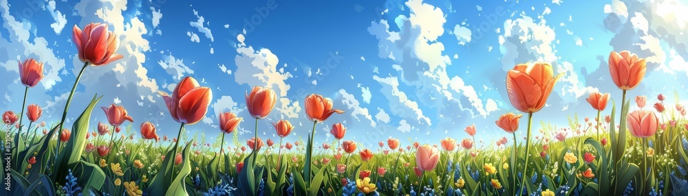 A stunning watercolor painting of a field of vibrant tulips with the clear blue sky as the backdrop.