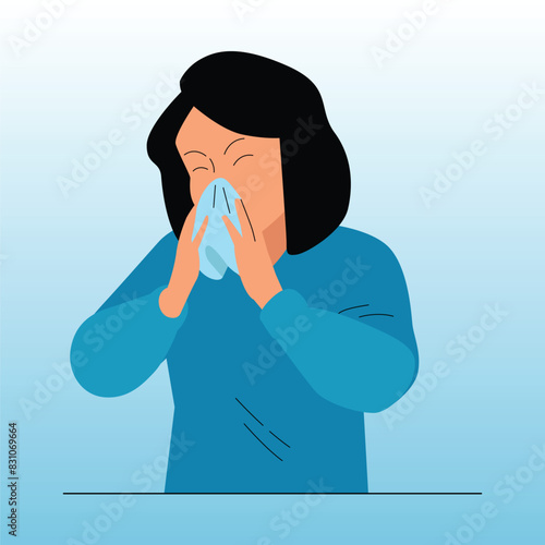 Sick woman cough and cold vector illustration isolated on blue background