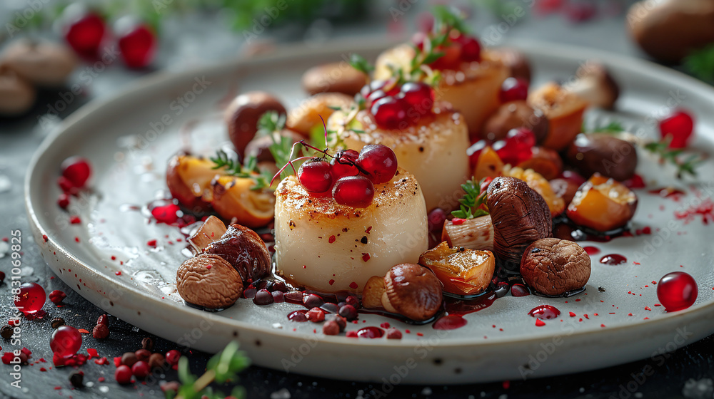 Gourmet Scallops with Mushrooms and Pomegranate Seeds on White Plate Close Up Modern Cuisine Gourmet Scallops with Mushrooms and Pomegranate Seeds on White Plate Close Up Modern Cuisine