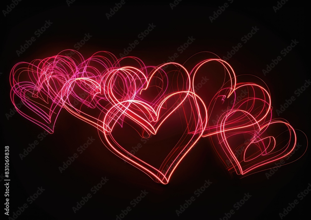 A black background with a series of pink neon hearts. A black background with a series of pink neon hearts.