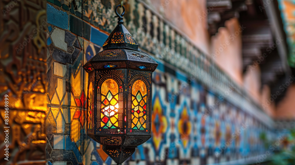 Obraz premium Ornate Moroccan Lantern Illuminated Against Colorful Mosaic Tiled Wall