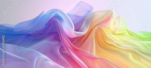 Gradient fabric in pastel colors, liquid glass, collected in layers, moves and shimmers on a light background. Abstract animation of rainbow colors in the shape of a flower. photo
