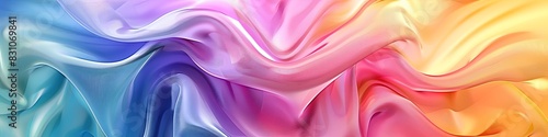 Gradient fabric in pastel colors, liquid glass, collected in layers, moves and shimmers on a light background. Abstract animation of rainbow colors in the shape of a flower. photo