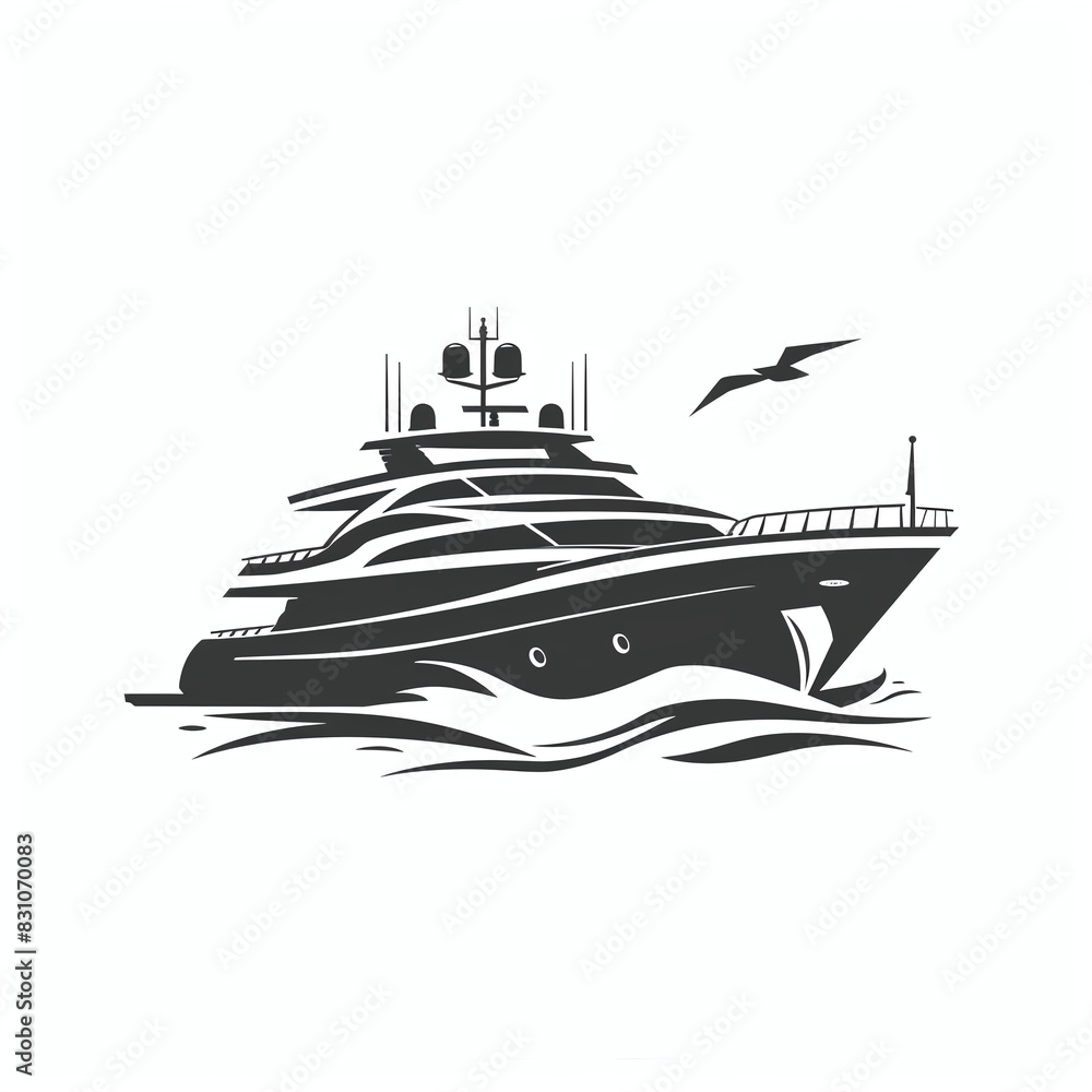 Luxurious Black and White Yacht with Flying Seagull on Clear White Background