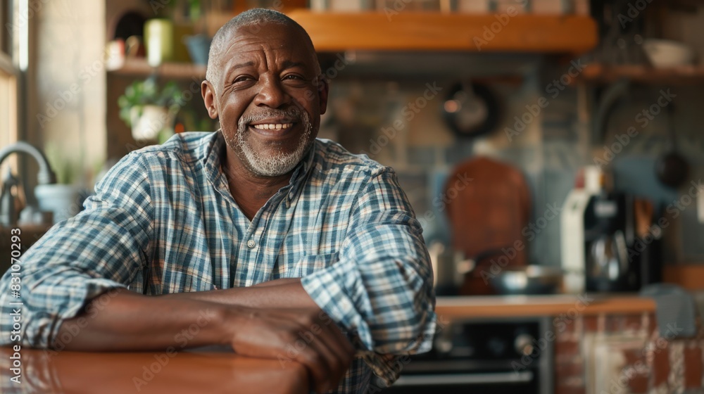 Portrait of a happy middle-aged black man leaning against a kitchen counter, looking away, smiling, and contemplating. Portrait of a happy middle-aged black man leaning against a kitchen counter, looking away, smiling, and contemplating.