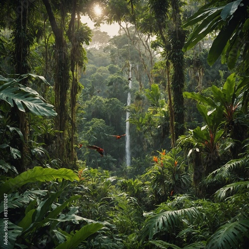 A lush  tropical rainforest alive with the sounds of exotic birds and monkeys swinging through the trees.  