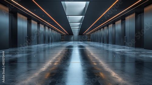 Modern Dark Hallway with Reflective Flooring and Orange Strip Lighting in Futuristic Building © Kiss
