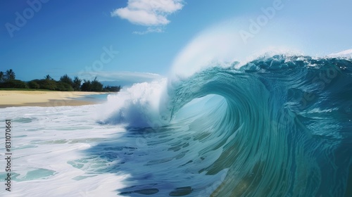 Majestic Ocean Setting Large Breaking Wave on Shoreline in Hawaii Perfect for Surfing Nature s Strength and Vitality Displayed for Outdoor Recreation © AkuAku