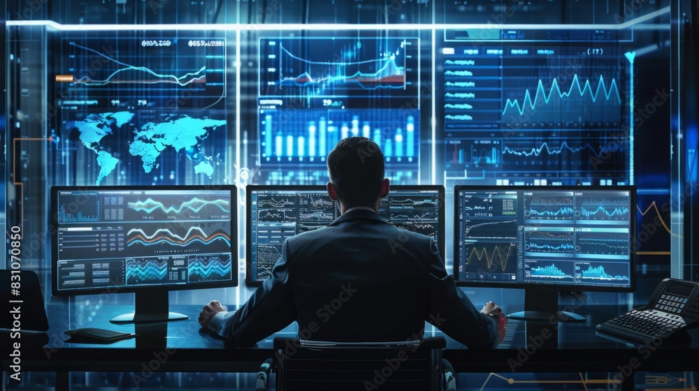 A man seated at a desk, facing multiple computer monitors, appearing focused on his work or tasks. A man seated at a desk, facing multiple computer monitors, appearing focused on his work or tasks.
