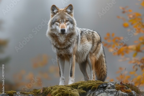 Digital artwork of  grey wolf stands on a mossy hill in the fog  high quality  high resolution