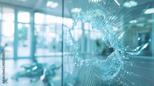 A closeup of broken glass in an office building, representing the impact on business and security with a blurry background of modern interior design. photo