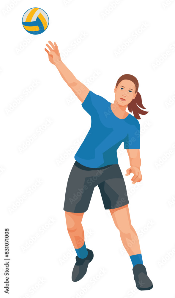 Isolated vector figure of a women's volleyball player in blue sports uniforms who throw the ball with one hand Isolated vector figure of a women's volleyball player in blue sports uniforms who throw the ball with one hand