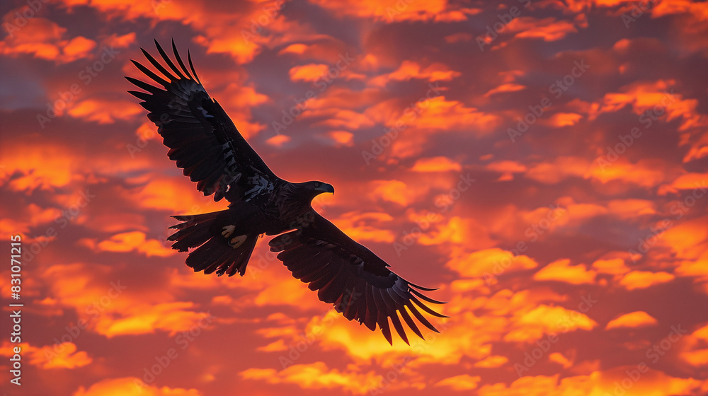 Fototapeta premium Eagle Soaring in Vivid Orange Sunset Sky with Clouds Spreading Wings Freedom Nature Icon