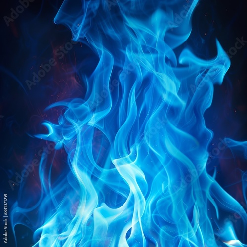 Blue flames flicker against a dark backdrop.