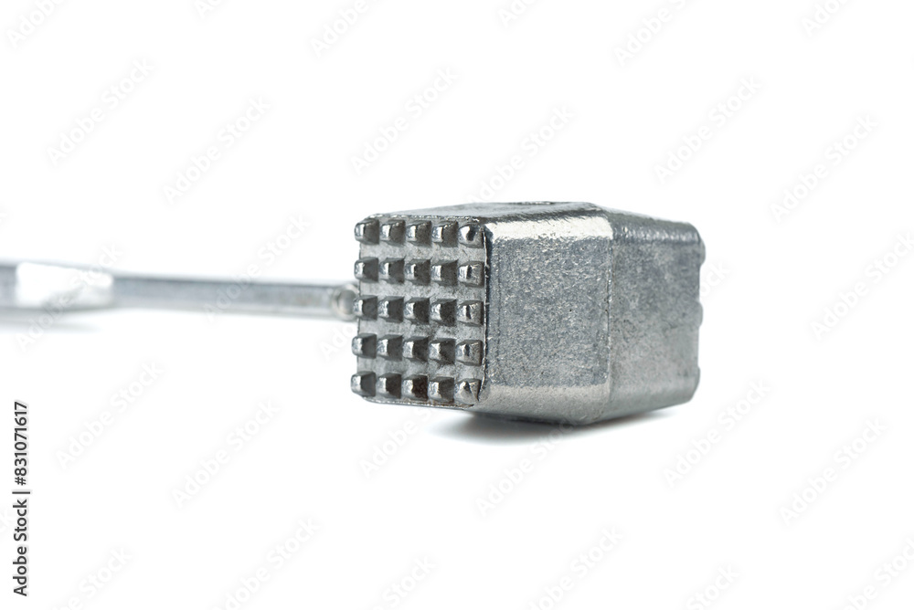 Close-up of metal kitchen meat hammer isolated on white background. Close-up of metal kitchen meat hammer isolated on white background.
