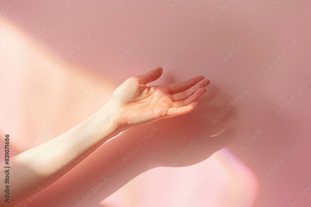 Naklejka premium Open Hand Reaching Out Against Pink Background