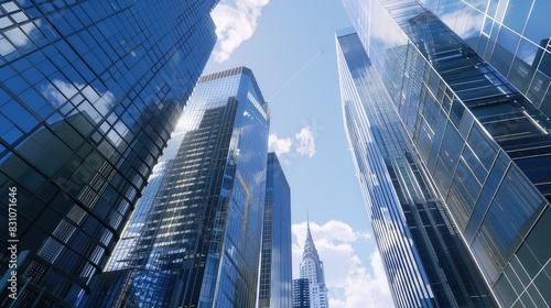 A group of skyscrapers made of reflective glass. The buildings are reaching up to the sky and are surrounded by clouds.