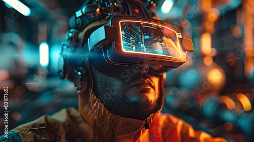 A construction worker wearing virtual reality glasses in the middle of an industrial plant, looking at holographic images on his VR headset. © horizon