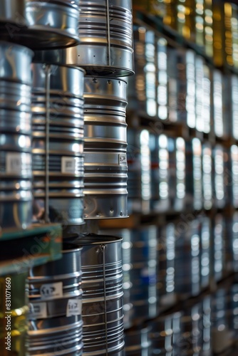 A collection of shiny, silver-colored metal tin cans neatly arranged in rows, with a focus on uniformity and the reflective surfaces