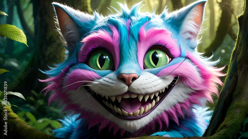 Cheshire Cat from Alice's Adventures in Wonderland, anthropomorphic cat, wide toothy grin, big green eyes, pink and and blue fur, sitting on a tree branch in the enchanted forest.