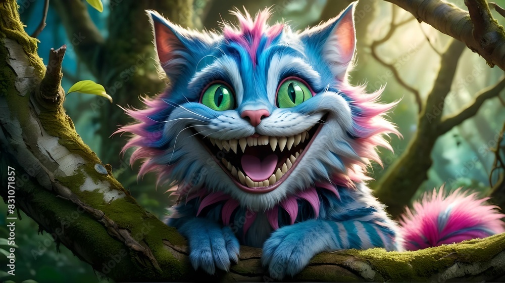 Cheshire Cat from Alice's Adventures in Wonderland, anthropomorphic cat, wide toothy grin, big green eyes, pink and and blue fur, sitting on a tree branch in the enchanted forest.