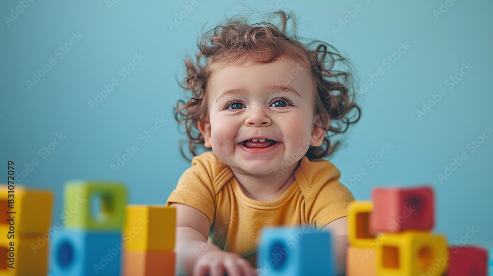 Smiling Baby with Curly Hair Playing with Colorful Building Blocks on a Blue Background Smiling Baby with Curly Hair Playing with Colorful Building Blocks on a Blue Background