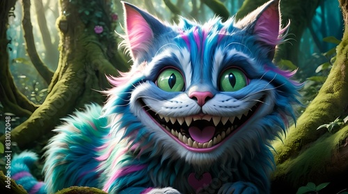 Cheshire Cat from Alice s Adventures in Wonderland  anthropomorphic cat  wide toothy grin  big green eyes  pink and and blue fur  sitting on a tree branch in the enchanted forest.