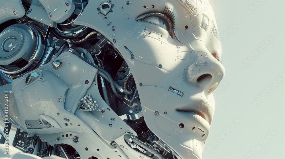 Cutting-edge robot head with a blend of metal and organic elements, advanced sensors, and a sleek, futuristic design, showing AI potential