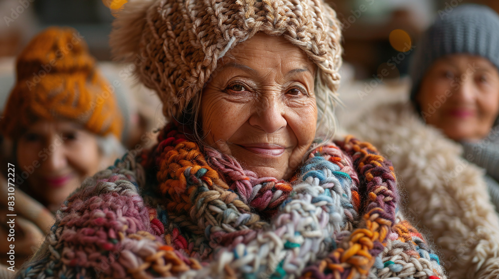 Elderly Women in Cozy Knit Hats and Scarves Smiling in Warm Lighting Inside Cozy Room Elderly Women in Cozy Knit Hats and Scarves Smiling in Warm Lighting Inside Cozy Room